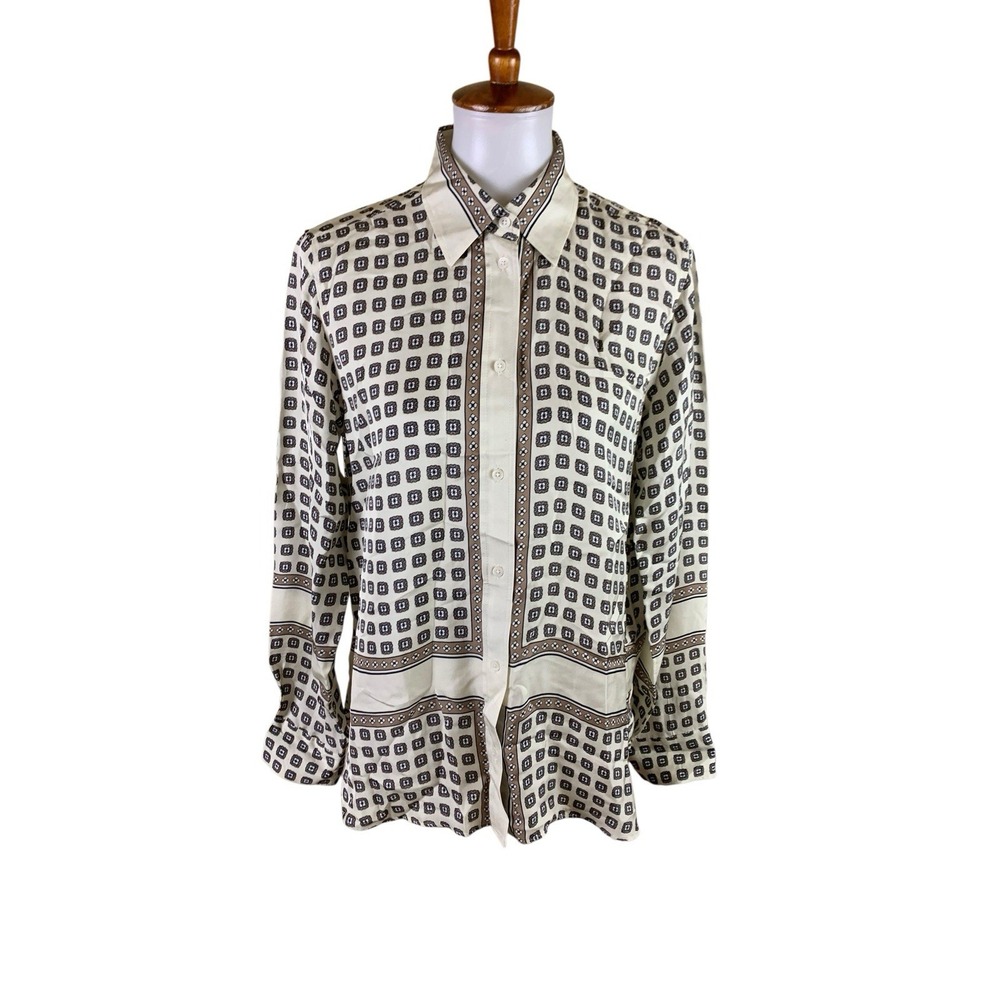 J Crew Jules Classic Fit Print Button Down Blouse 8 Cream Brown CN481